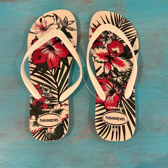 Havaianas Aloha Flip Flop Sandals White with Tropical Print Size 13 Men's NWOT - Picture 1 of 4
